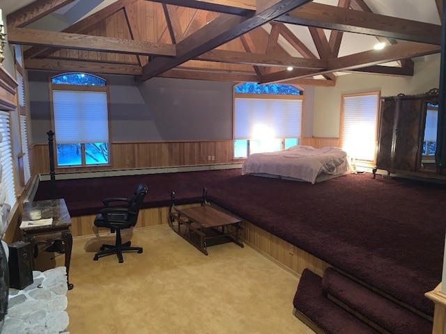 carpeted bedroom featuring vaulted ceiling with beams and wood walls