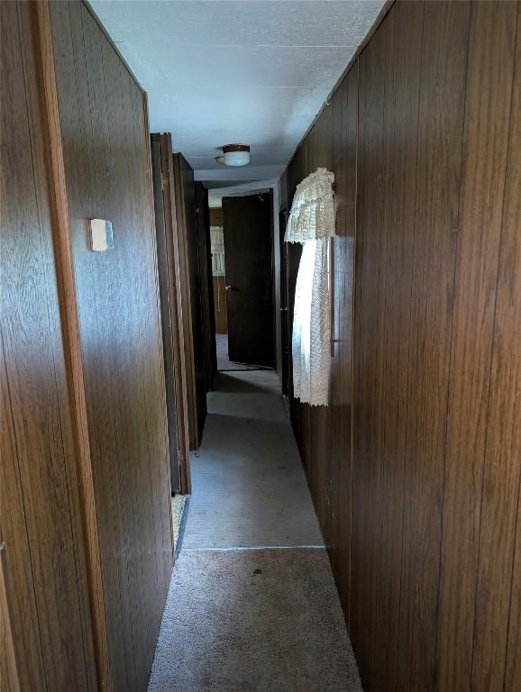 12838 Reed Ave, Conneaut Lake, PA 16316 - hall featuring wooden walls and carpet floors