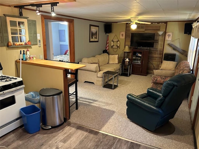 living room with carpet, ceiling fan, and ornamental molding