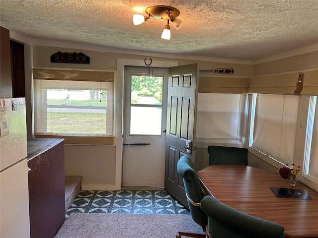 interior space with light carpet and a textured ceiling