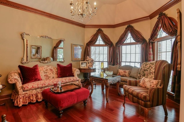 living area featuring wood-type flooring and a notable chandelier