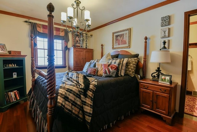 bedroom with dark wood-style floors, ornamental molding, and a notable chandelier