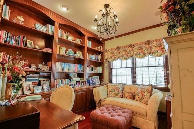 home office featuring an inviting chandelier and ornamental molding