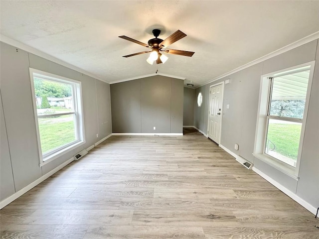 10644 W Main Rd Unit 45, North East, PA 16428 - spare room featuring vaulted ceiling, light wood-style flooring, ornamental molding, plenty of natural light, and a ceiling fan