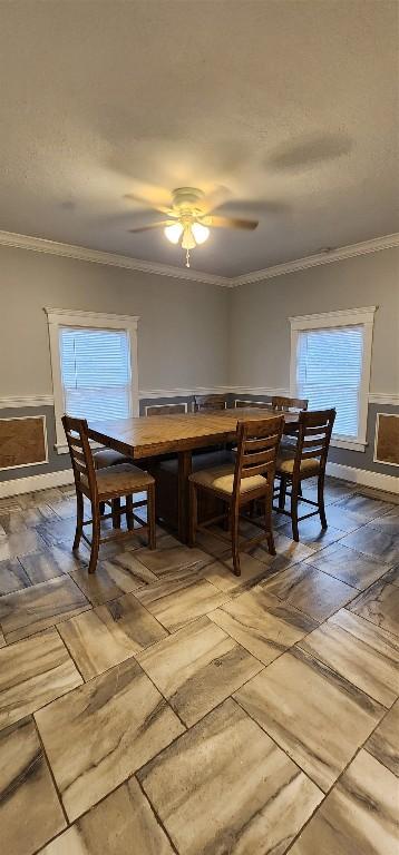 dining space featuring ceiling fan and crown molding