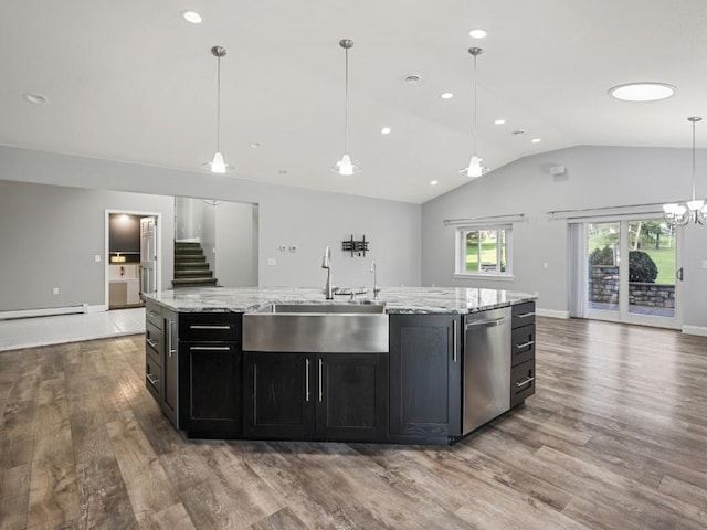 11350 State Highway 618, Conneaut Lake, PA 16316 - kitchen with stainless steel dishwasher, a sink, lofted ceiling, wood finished floors, and baseboard heating