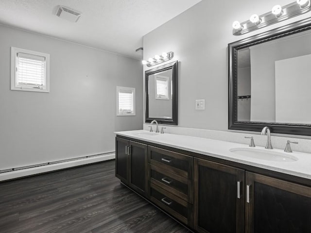 11350 State Highway 618, Conneaut Lake, PA 16316 - full bathroom with double vanity, plenty of natural light, wood finished floors, and baseboard heating