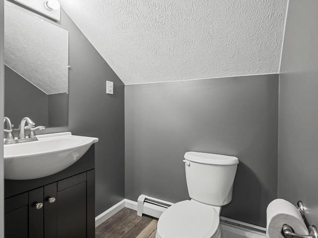 11350 State Highway 618, Conneaut Lake, PA 16316 - half bathroom featuring baseboard heating, vaulted ceiling, toilet, vanity, and a textured ceiling