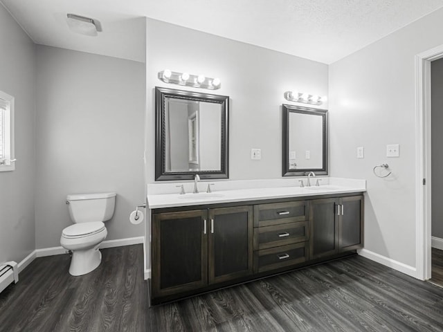 11350 State Highway 618, Conneaut Lake, PA 16316 - bathroom with wood finished floors, double vanity, toilet, baseboards, and a baseboard heating unit