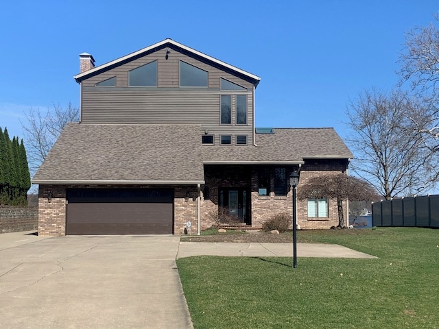 11148 Aldina Dr, Conneaut Lake, PA 16316 - view of front of home featuring a front yard, fence, concrete driveway, a garage, and brick siding