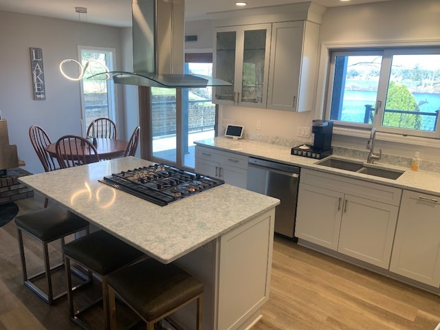 11148 Aldina Dr, Conneaut Lake, PA 16316 - kitchen featuring ventilation hood, light wood finished floors, a sink, stainless steel dishwasher, and black gas stovetop