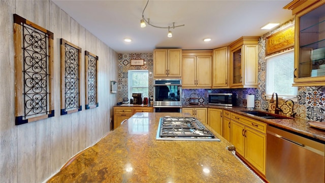 1450 Nicholson St, Erie, PA 16509 - kitchen with appliances with stainless steel finishes, decorative backsplash, glass insert cabinets, and dark stone countertops