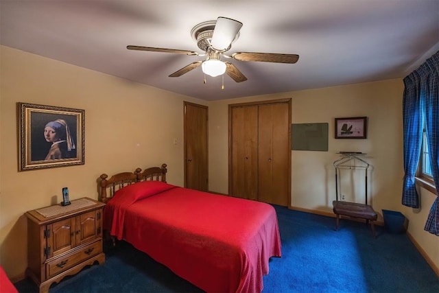 bedroom featuring ceiling fan, a closet, and carpet