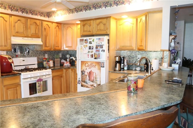 kitchen with backsplash, ceiling fan, sink, and white appliances