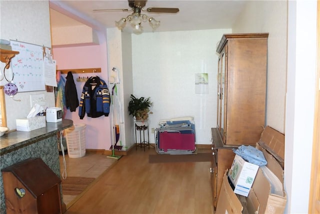 foyer entrance with ceiling fan and light hardwood / wood-style flooring