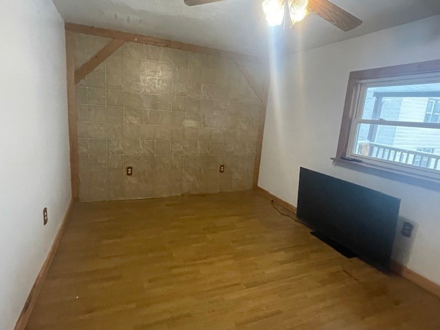 bonus room with light wood-type flooring and ceiling fan