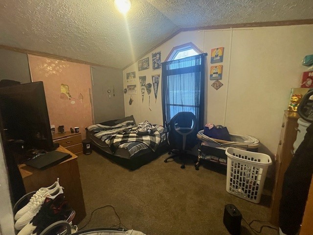 bedroom with lofted ceiling, carpet flooring, and a textured ceiling