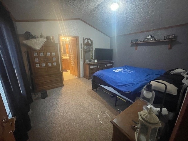 carpeted bedroom featuring a textured ceiling and lofted ceiling