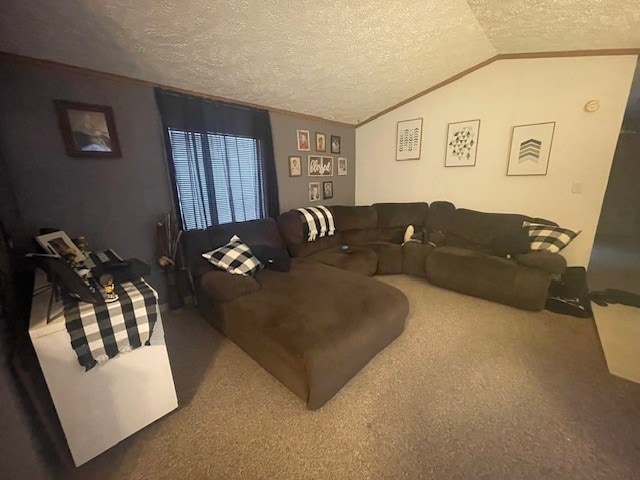 living room featuring ornamental molding, a textured ceiling, carpet floors, and vaulted ceiling