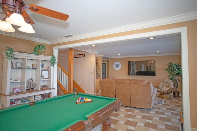 playroom featuring crown molding and billiards