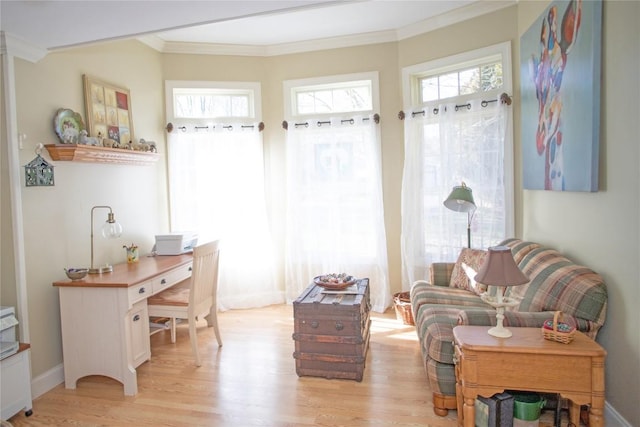 interior space with ornamental molding and light hardwood / wood-style flooring