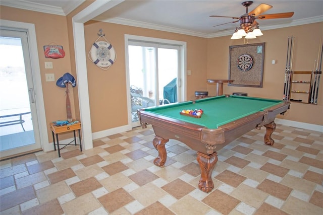 game room with ceiling fan, ornamental molding, and billiards