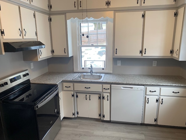 kitchen featuring electric stove, sink, dishwasher, white cabinets, and light wood-type flooring