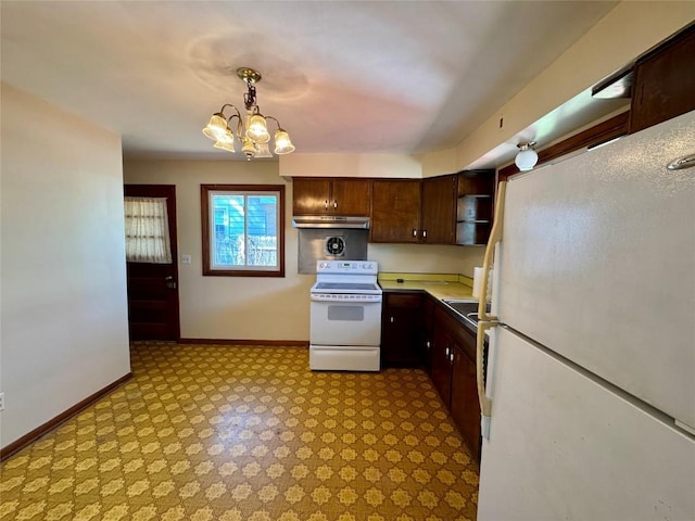 kitchen featuring dark brown cabinets, baseboards, under cabinet range hood, white appliances, and open shelves