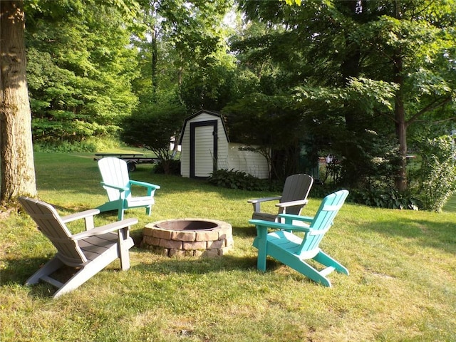 179 Elk Creek Rd, Lake City Boro, PA 16423 - view of green lawn with a fire pit and a shed