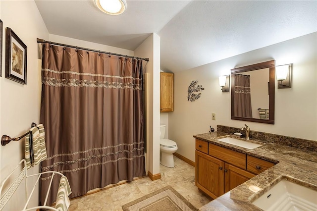 bathroom featuring vanity, toilet, and lofted ceiling