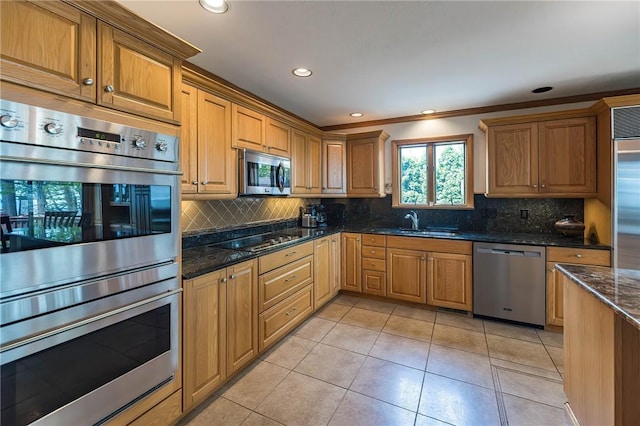 kitchen featuring decorative backsplash, light tile patterned floors, stainless steel appliances, and dark stone counters