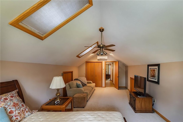 bedroom with light colored carpet, vaulted ceiling, and ceiling fan