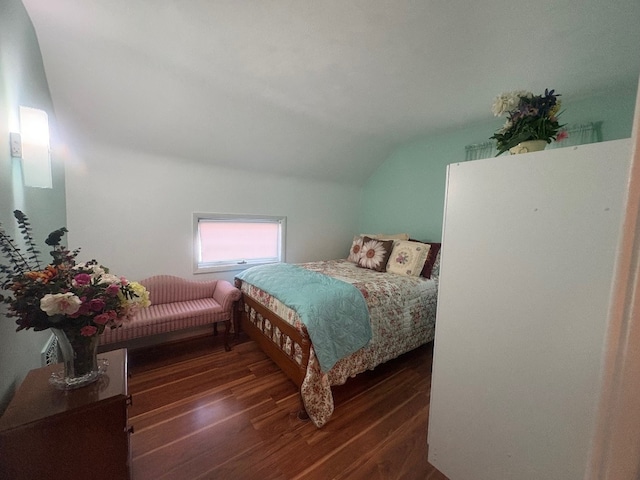 bedroom featuring wood finished floors and vaulted ceiling