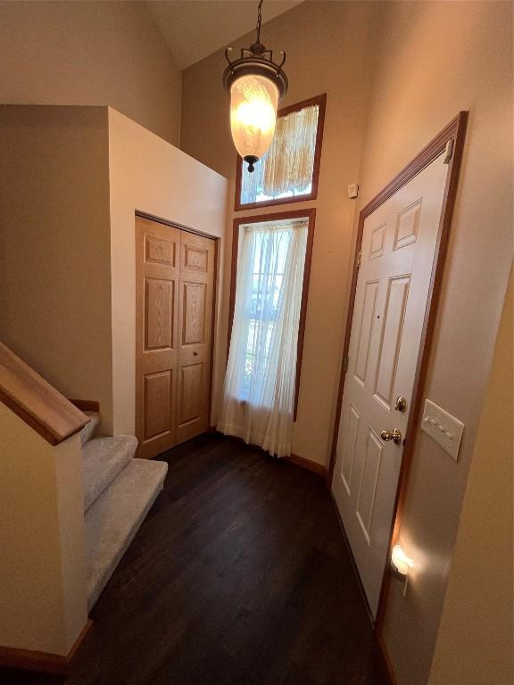 234 Walnut St Unit 13, Meadville, PA 16335 - entryway featuring high vaulted ceiling, baseboards, dark wood finished floors, and stairway