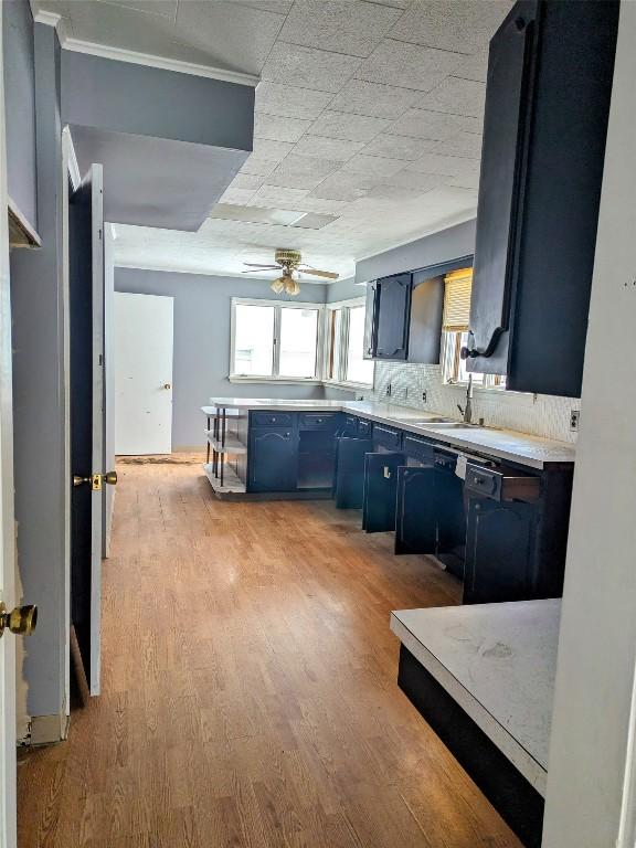 kitchen featuring blue cabinetry, black dishwasher, backsplash, and light hardwood / wood-style flooring