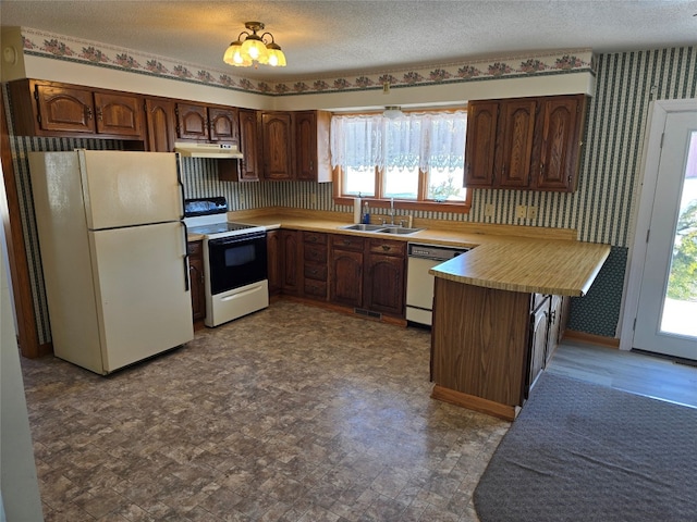 kitchen featuring white appliances, dark brown cabinetry, a textured ceiling, sink, and kitchen peninsula