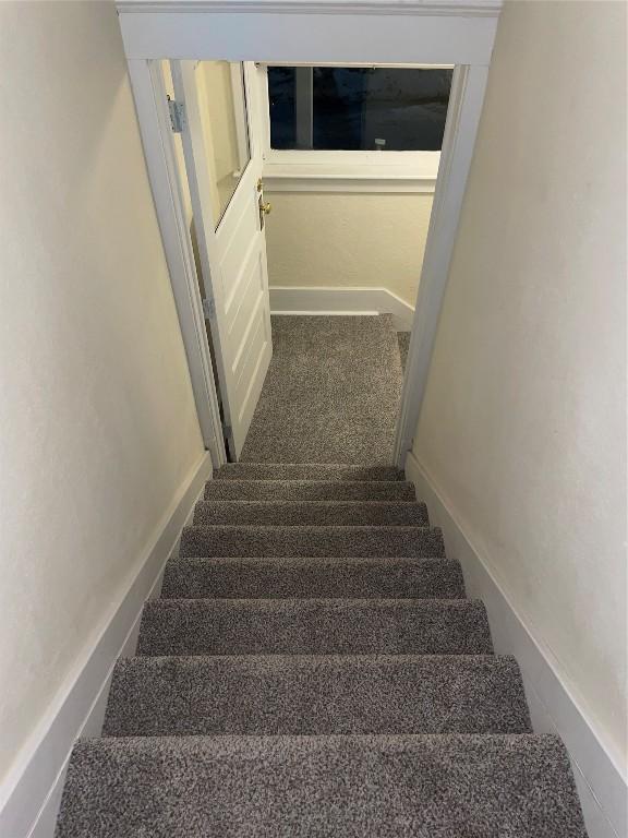 staircase featuring carpet flooring