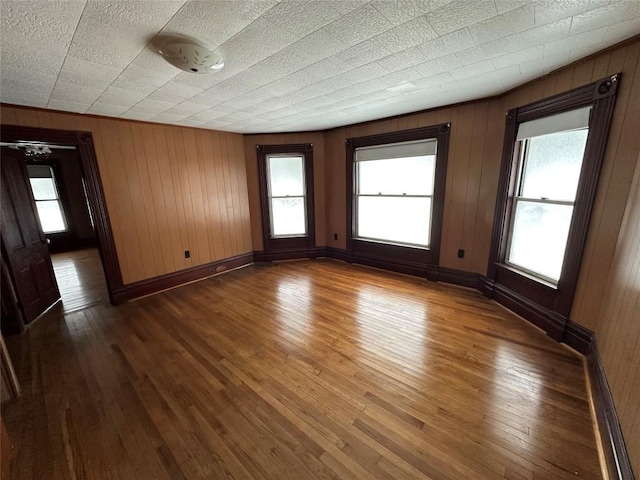 spare room with wood walls, dark hardwood / wood-style flooring, and a wealth of natural light