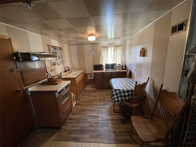 2149 Aldee Dr, Linesville, PA 16424 - kitchen with ventilation hood, a sink, light countertops, dark wood-style floors, and brown cabinetry