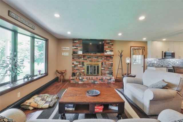 living room with wood-type flooring and a fireplace