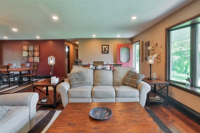 living room with dark hardwood / wood-style flooring