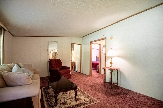 carpeted living room with a textured ceiling and ornamental molding