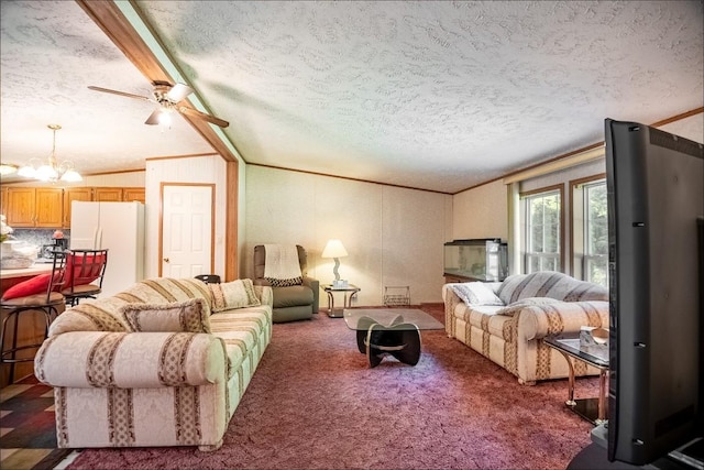 living room with ceiling fan with notable chandelier, dark carpet, a textured ceiling, and vaulted ceiling