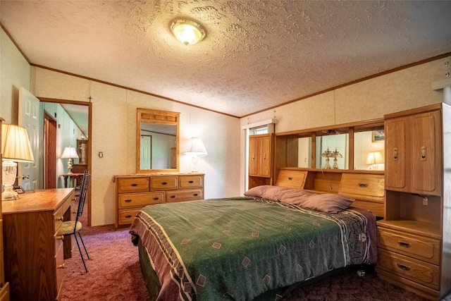 bedroom featuring carpet flooring, crown molding, vaulted ceiling, and a textured ceiling