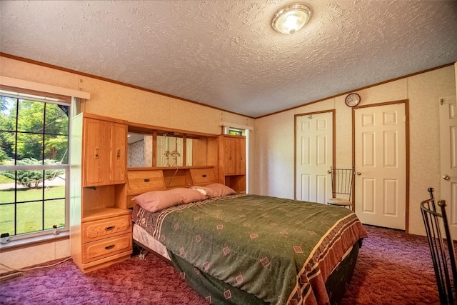 carpeted bedroom featuring a textured ceiling, vaulted ceiling, and ornamental molding