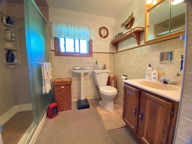 bathroom with an enclosed shower, toilet, sink, and tile walls