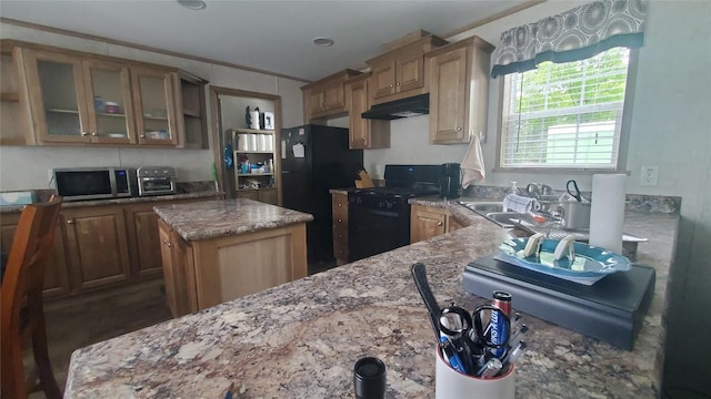 1644 Pinegrove Way, Erie, PA 16509 - kitchen featuring black appliances, under cabinet range hood, light stone countertops, glass insert cabinets, and a sink