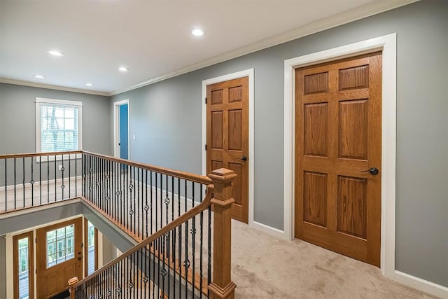21720 Matthew Ln, Saegertown, PA 16433 - hallway with an upstairs landing, crown molding, carpet floors, recessed lighting, and baseboards