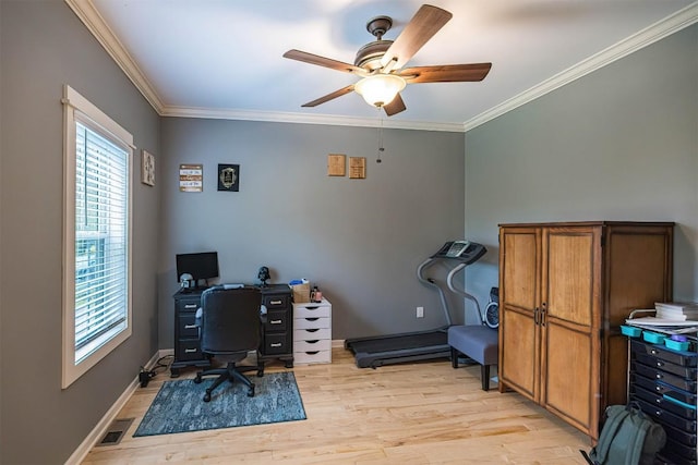 21720 Matthew Ln, Saegertown, PA 16433 - office area featuring ceiling fan, crown molding, light wood finished floors, and baseboards