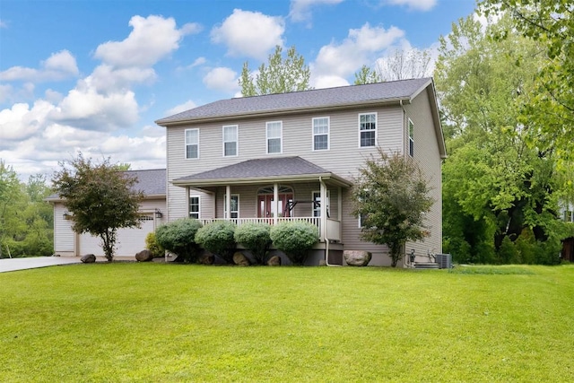 21720 Matthew Ln, Saegertown, PA 16433 - colonial home featuring a porch, a garage, a front yard, and central AC unit